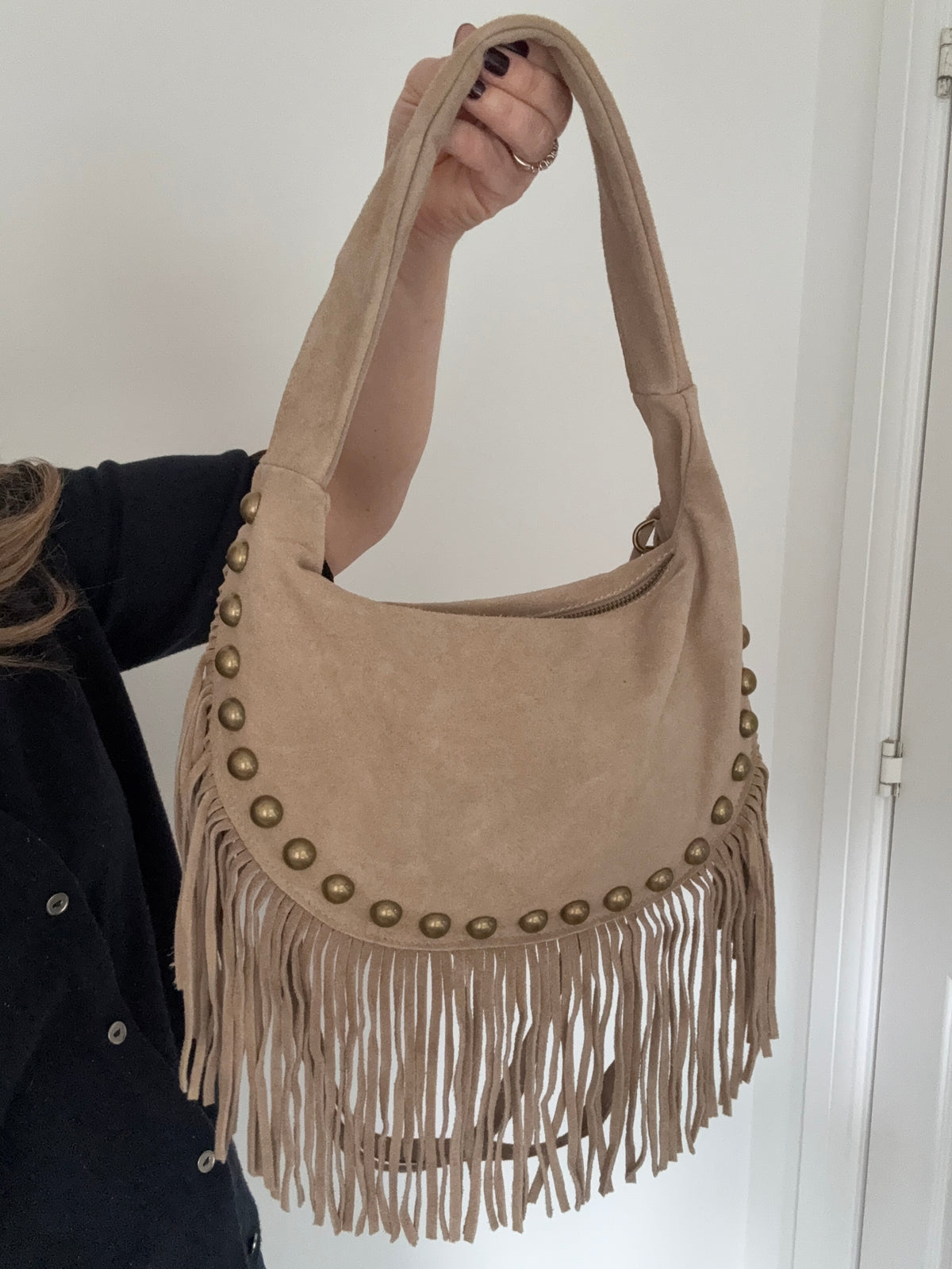 Stone Studded Suede Crescent Shoulder/ Crossbody Bag with Fringing