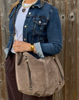 Dark Taupe Suede Zip Feature Large Shoulder/ Crossbody Bag
