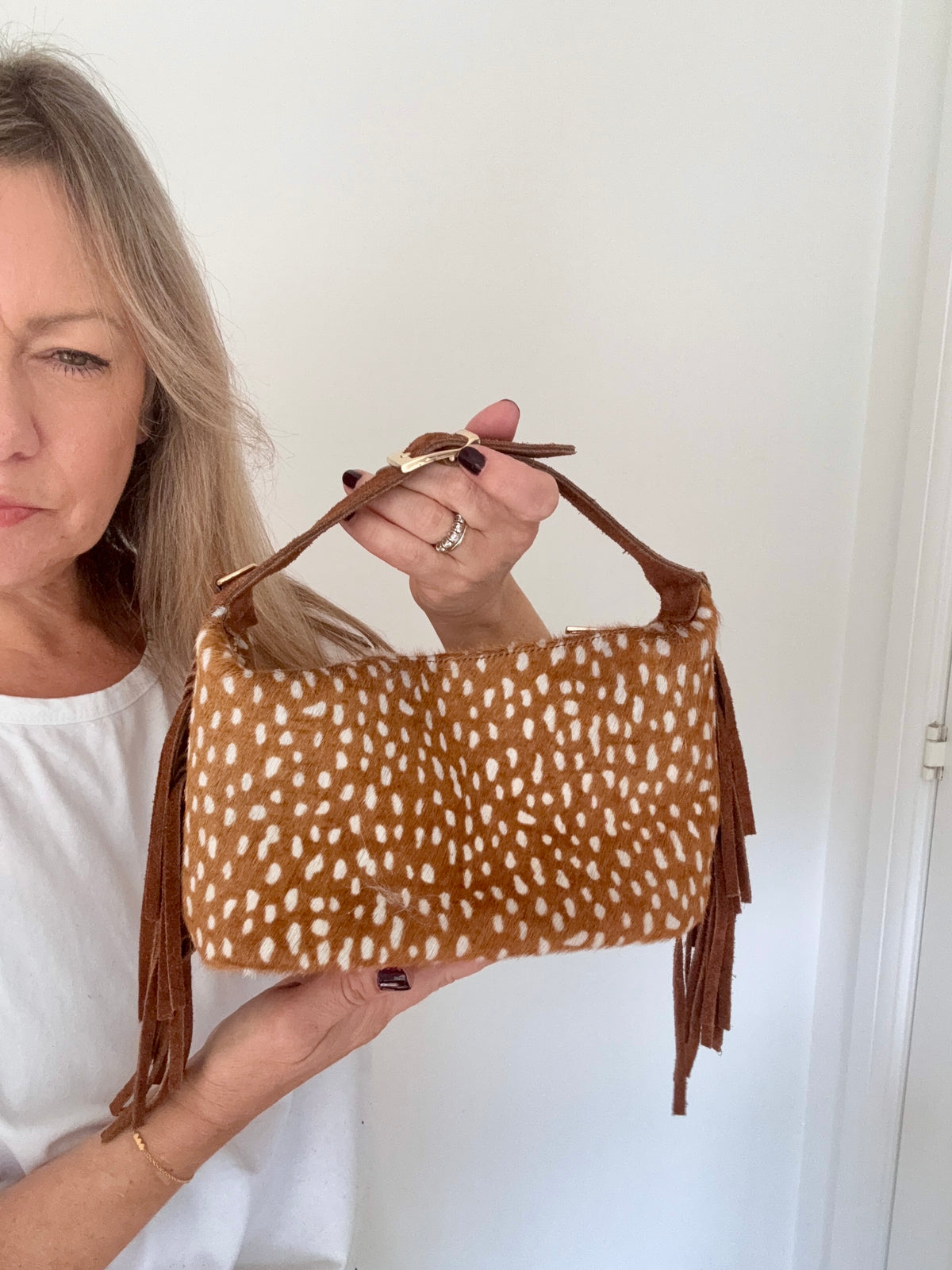 Dark Tan Bambi Print Pony Skin Clutch/ Crossbody Bag with Fringing