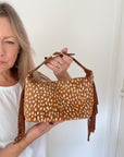 Dark Tan Bambi Print Pony Skin Clutch/ Crossbody Bag with Fringing