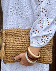 Beige Raffia Clutch Bag with Wrist Strap