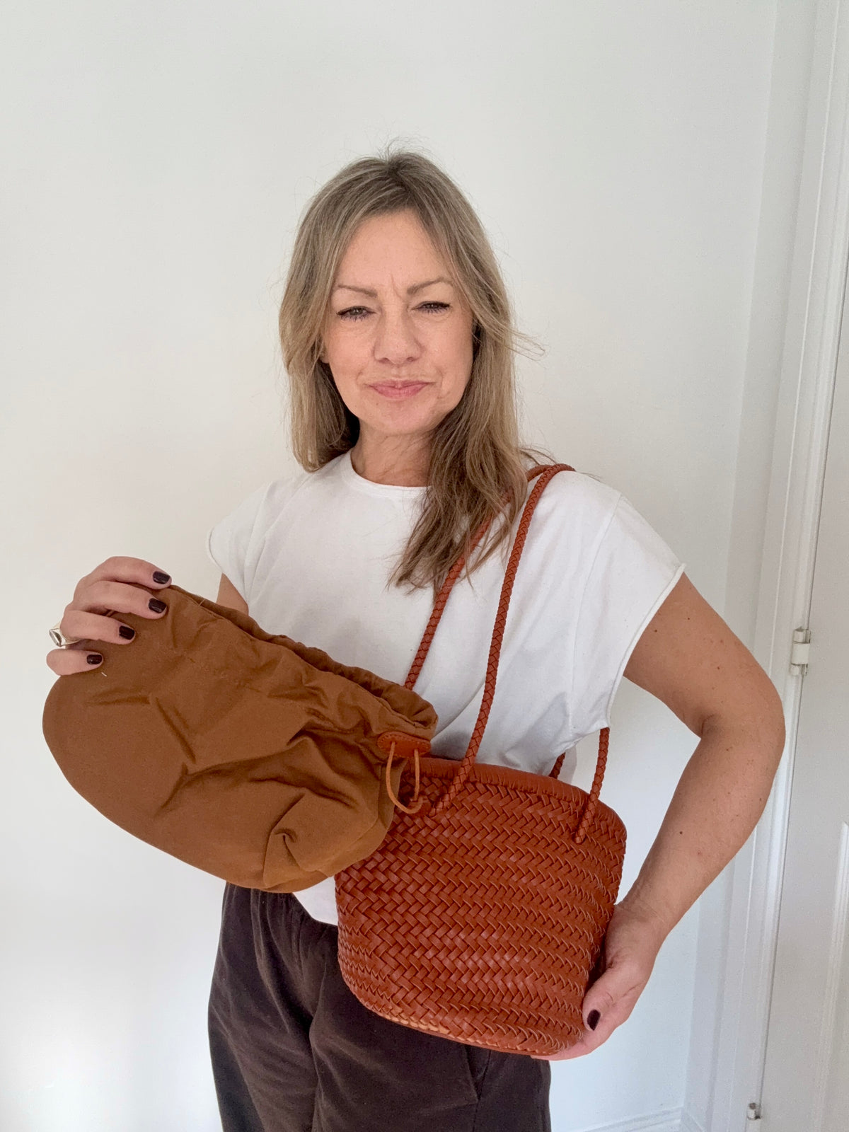 Dark Tan Leather Weave Shoulder Bag