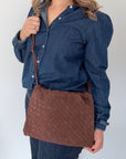 Brown Faux Suede Leather Weave Crossbody/ Clutch Bag