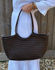 Dark Brown Leather Weave Tote Bag