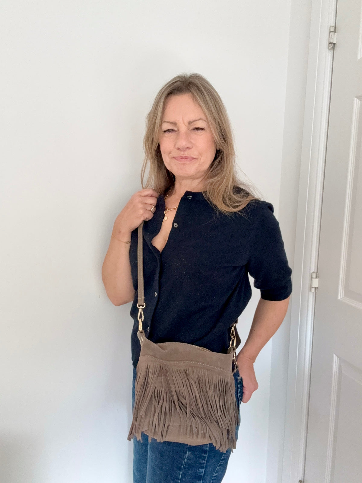 Dark Taupe Suede/ Leather Fringed Shoulder/ Crossbody Bag