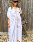 White & Gold Embroidered Maxi Beach Dress Kaftan