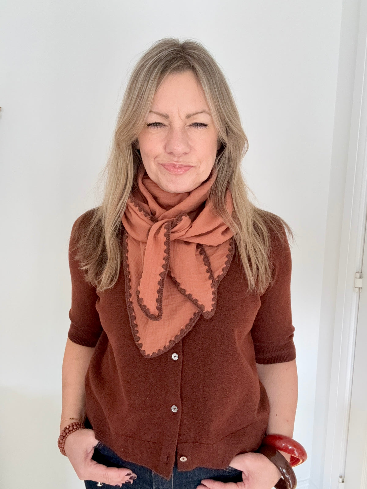 Tan &amp; Brown Cotton Mid-Length Triangle Scarf/ Necktie
