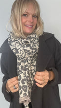 Load image into Gallery viewer, Grey &amp; Cream Animal Print Blanket Scarf
