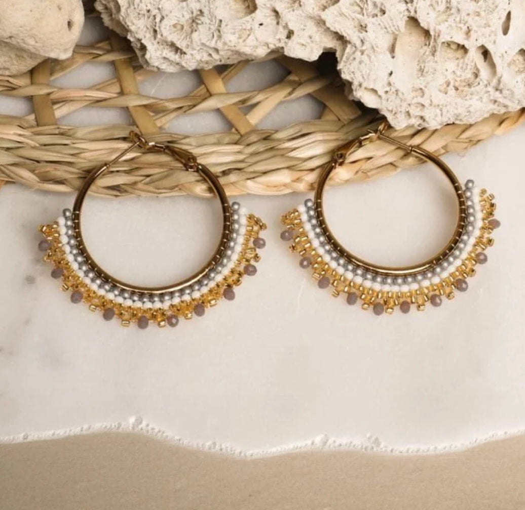 Grey & Gold Beaded Hoop Earrings