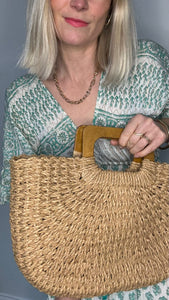 Straw Bag with Wooden Handles