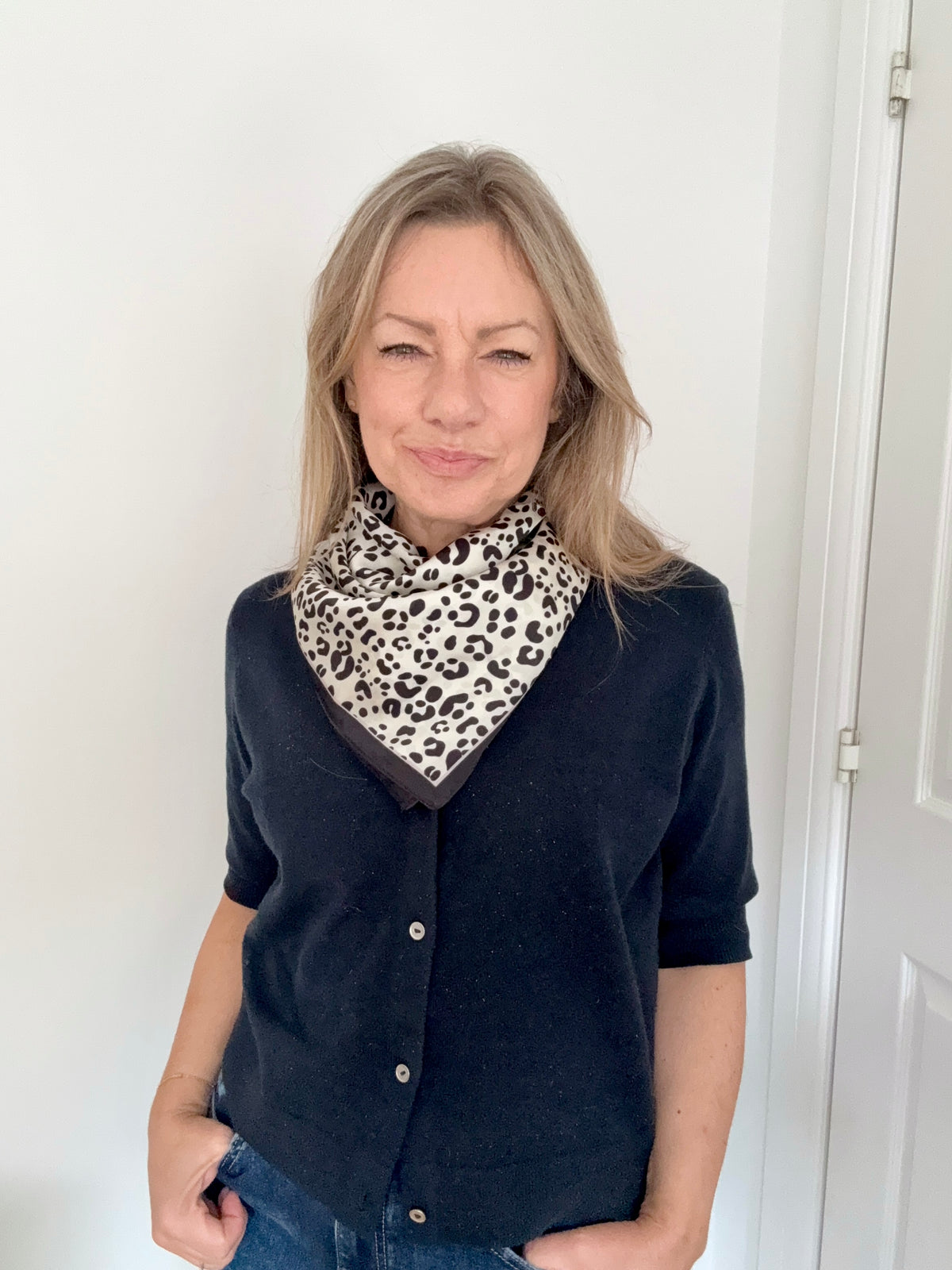 Black &amp; Cream Leopard Print Square Satin Scarf/ Necktie
