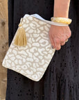 Taupe & Ecru Leopard Print Clutch Bag with Wrist Strap