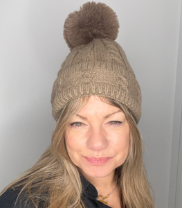 Dark Taupe Knitted Pom Pom Hat