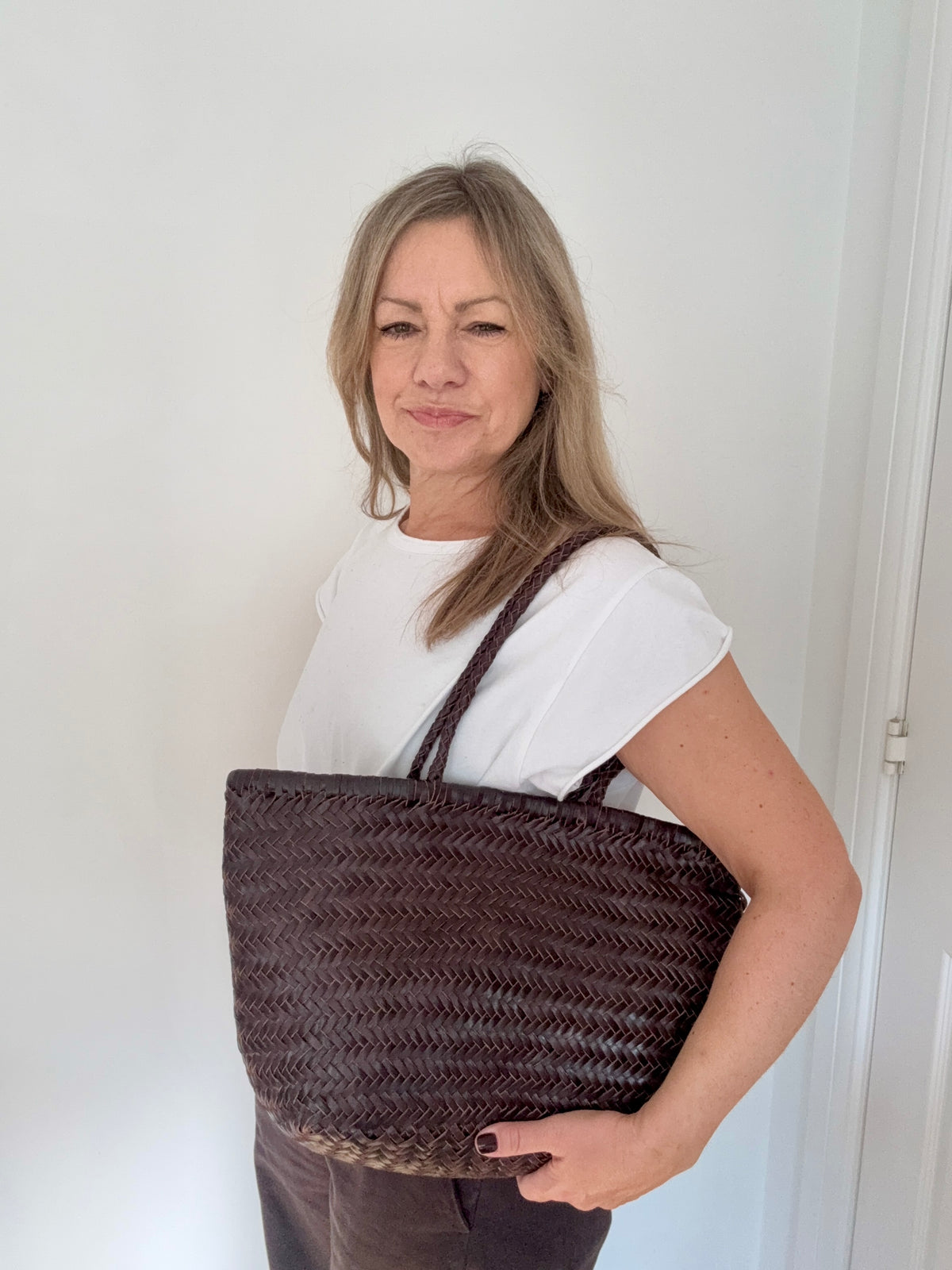 Dark Brown Leather Weave Tote Bag