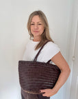 Dark Brown Leather Weave Tote Bag