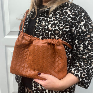 Tan Faux Weavy Clutch/ Crossbody Bag