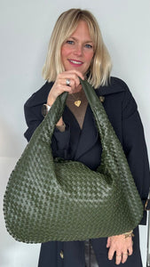 Khaki Faux Leather Weave Tote Bag