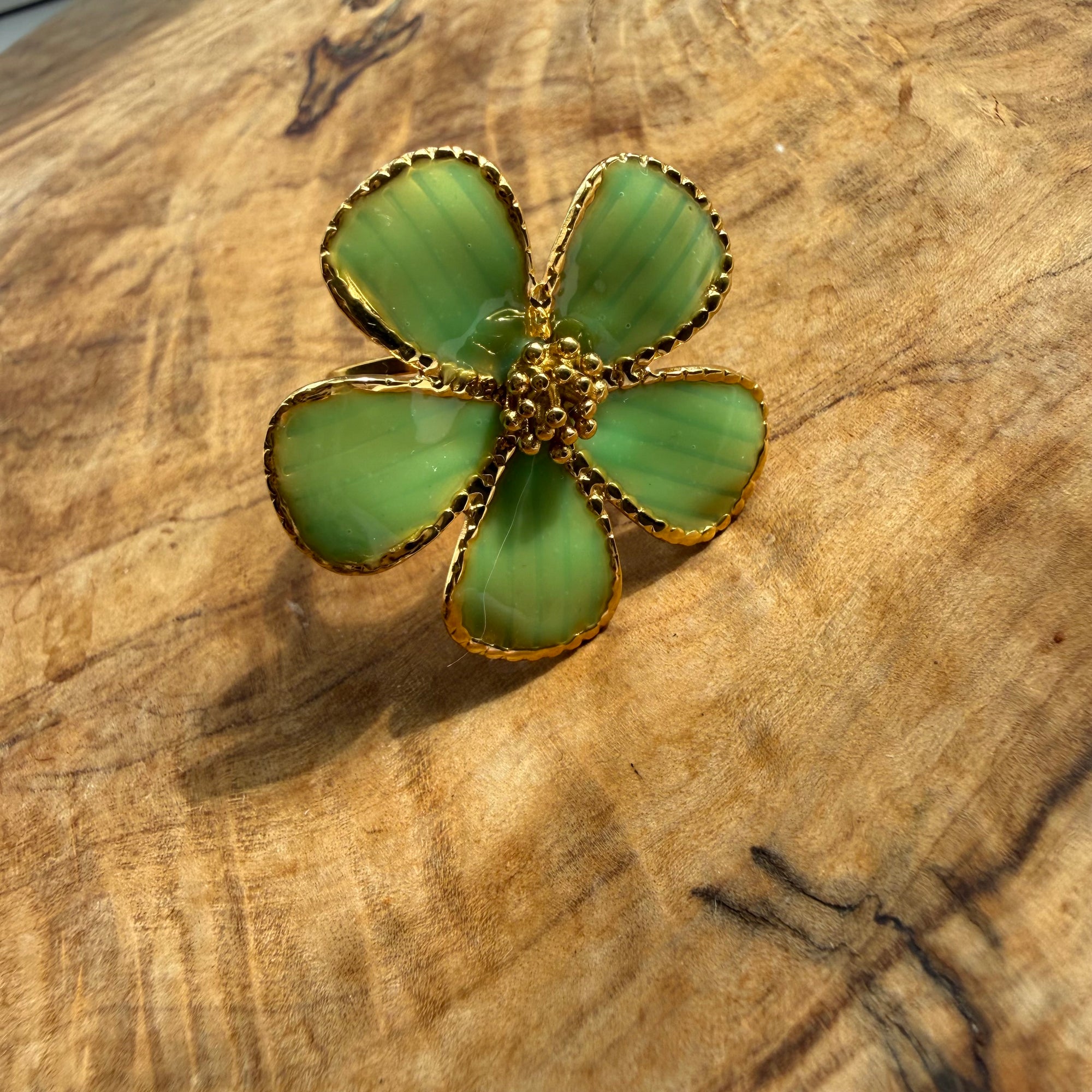 Green &amp; Gold Flower Adjustable Ring