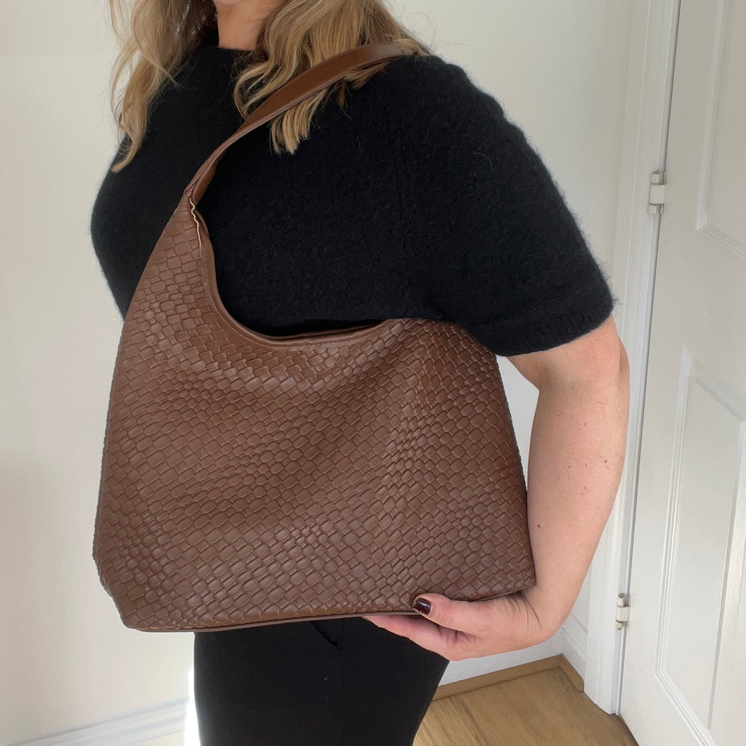 Tan Weave Effect PU Tote Bag