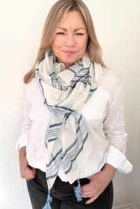 Denim Blue & Ivory Stripe Tassel Scarf