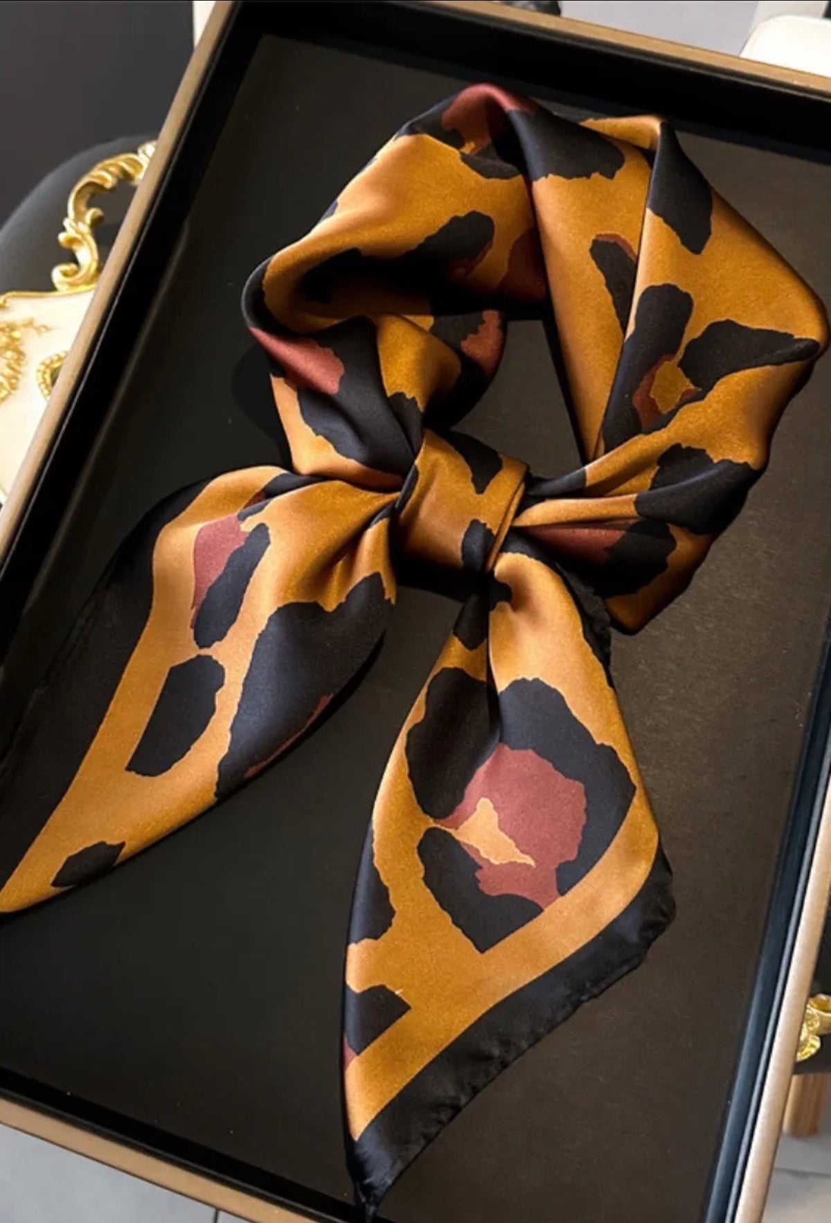 Black &amp; Tan Animal Print Square Satin Scarf/ Necktie