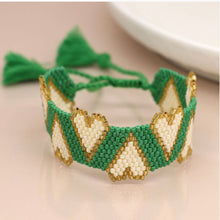 Load image into Gallery viewer, Green &amp; Gold Heart Beaded Adjustable Bracelet
