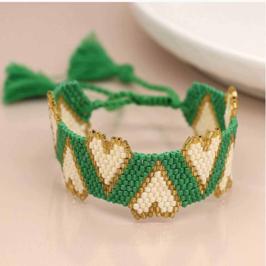Green & Gold Heart Beaded Adjustable Bracelet