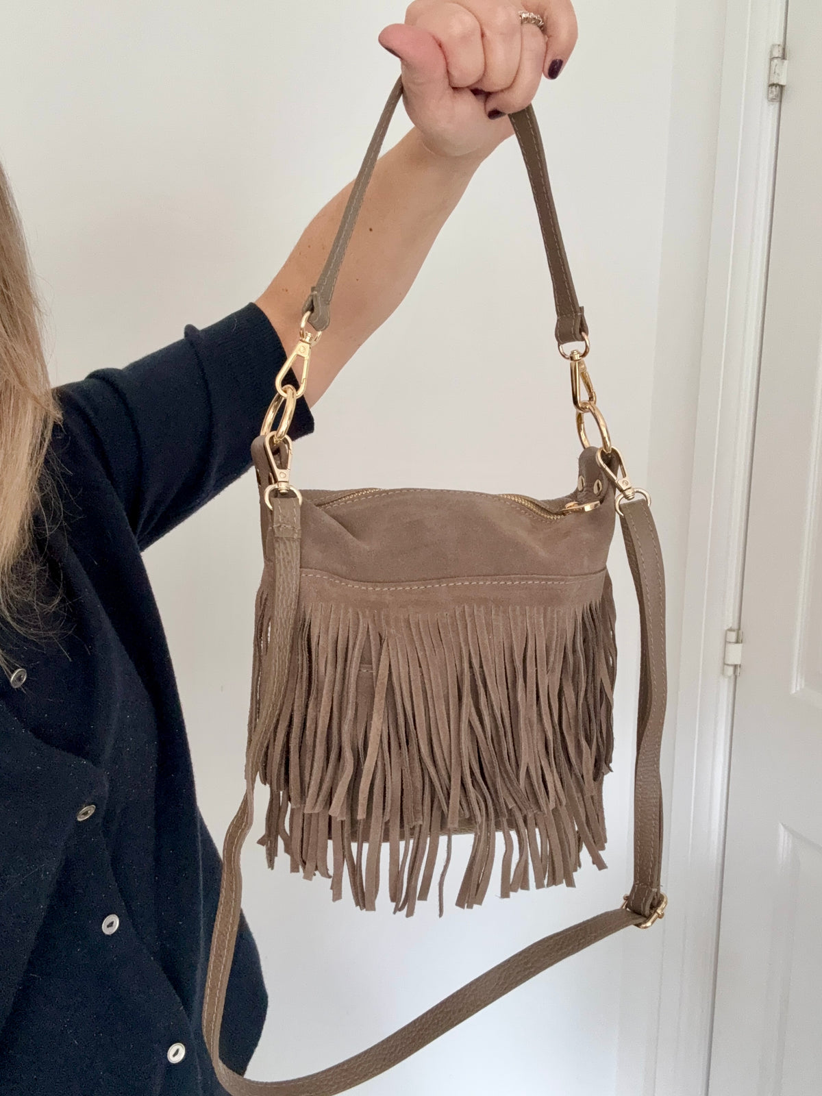 Dark Taupe Suede/ Leather Fringed Shoulder/ Crossbody Bag