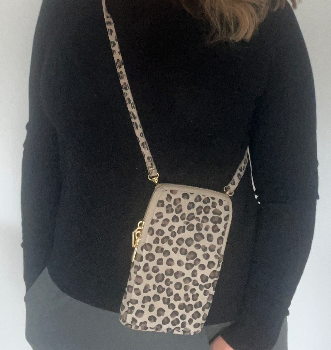 Leopard Print Suede Crossbody Phone Bag