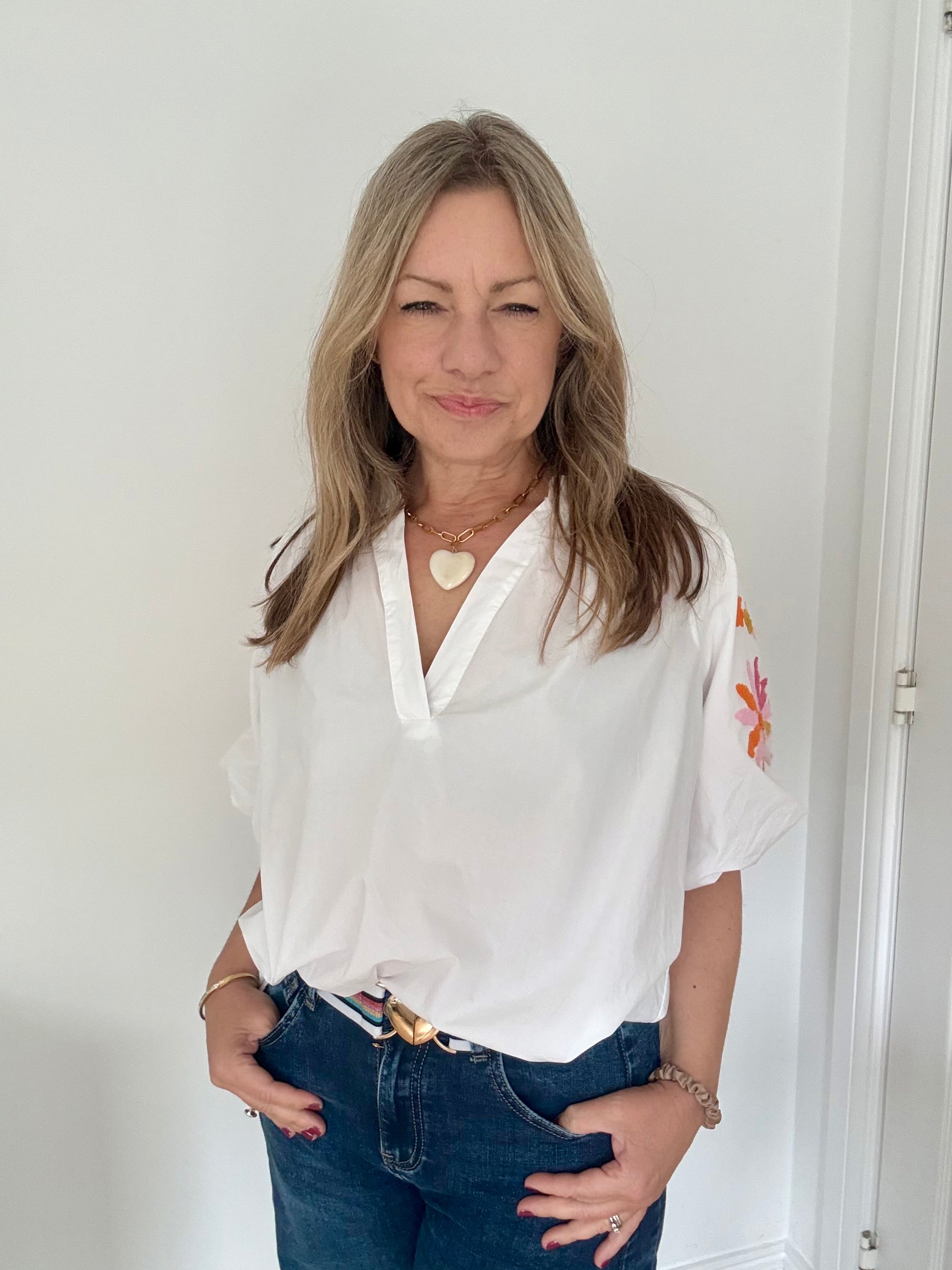 White Embroidered Sleeve Cotton Blouse