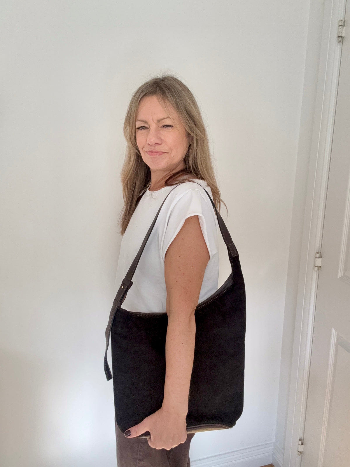Dark Brown Suede &amp; Leather Tote/ Shoulder Bag