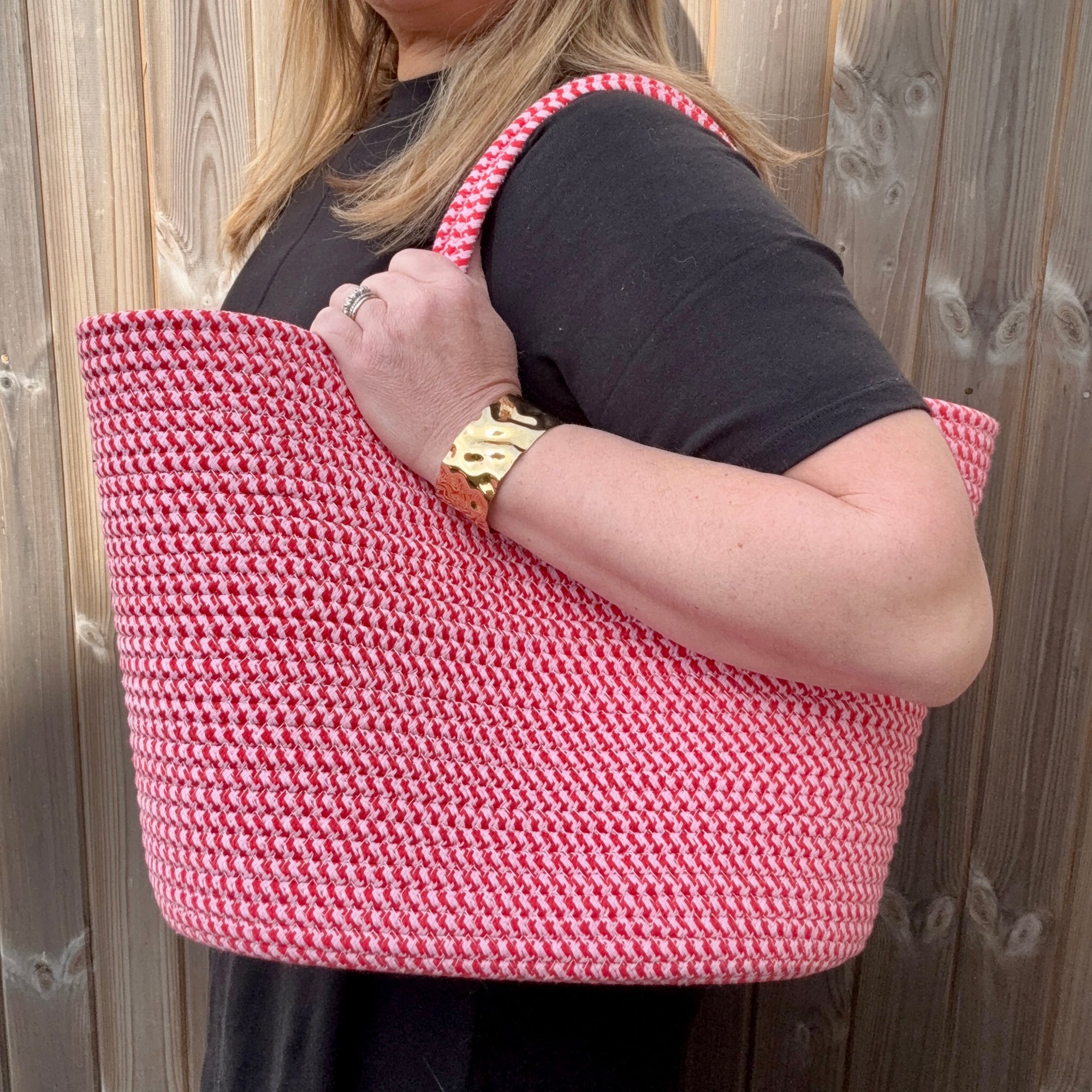 Pink &amp; Red Cotton Woven Basket Bag