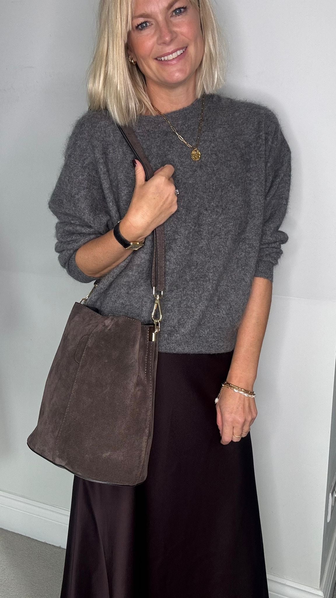 Dark Brown Suede Bucket Bag
