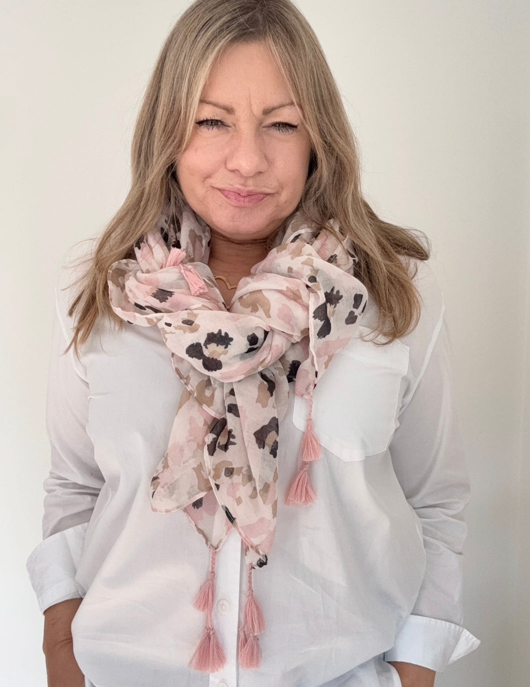 Blush Pink Animal Print Tassel Scarf