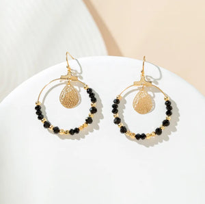 Gold & Black Bead Drop Hoop Earrings