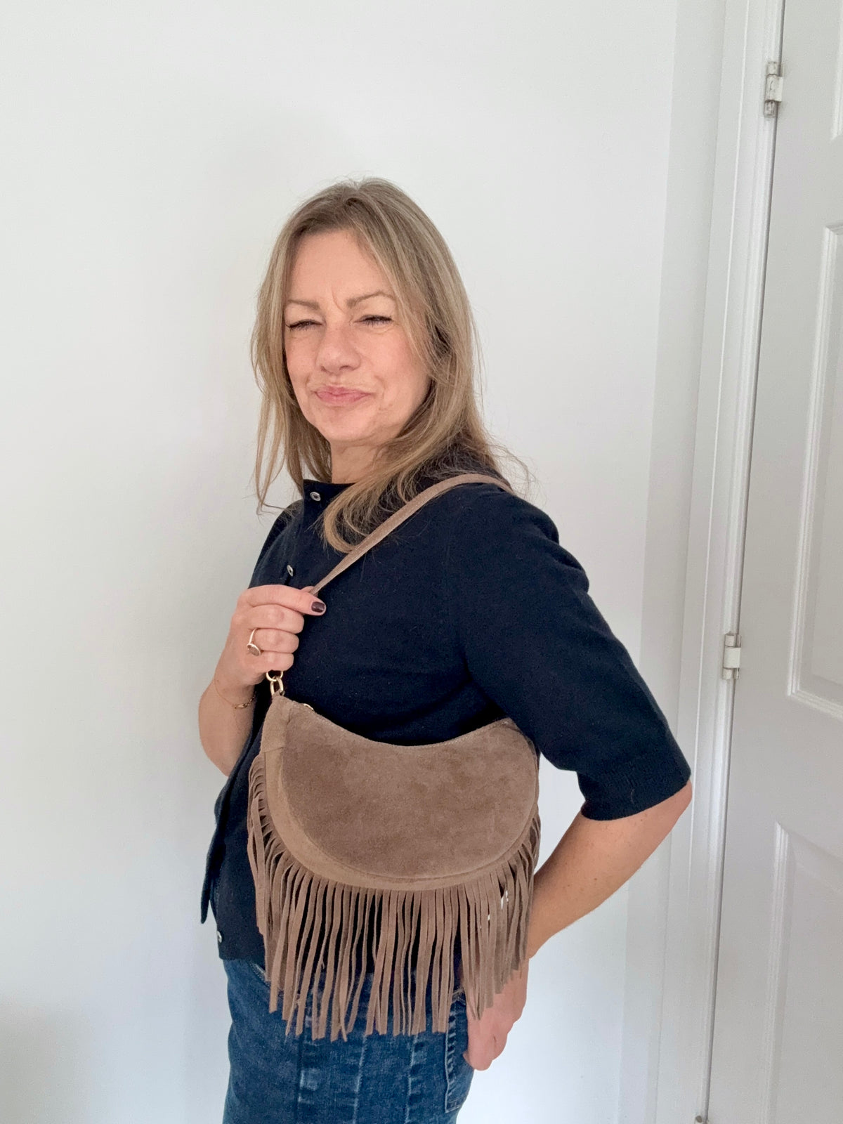 Dark Taupe Suede Fringed Shoulder/ Crossbody Bag