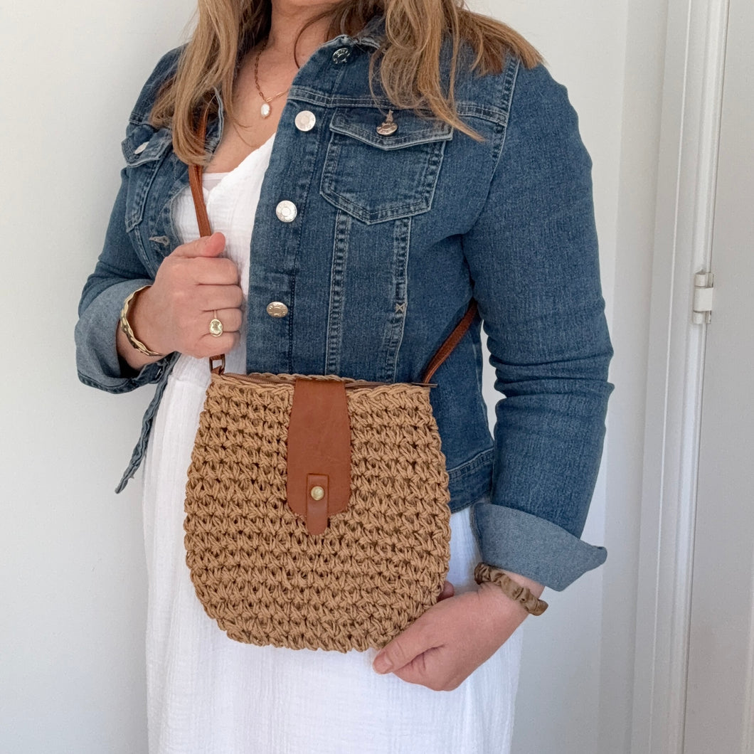 Beige Raffia Crossbody Bag
