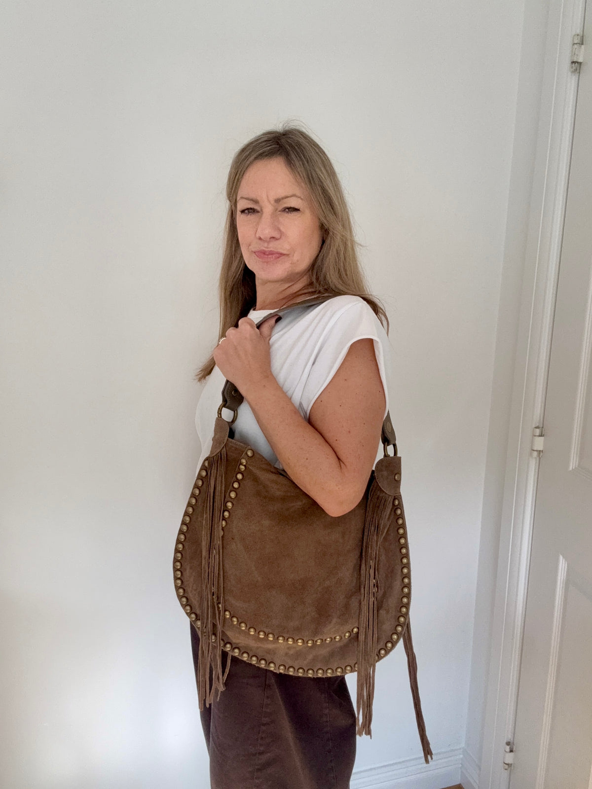 Dark Taupe Studded Suede Shoulder/ Crossbody Bag with Fringing