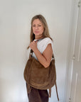Dark Taupe Studded Suede Shoulder/ Crossbody Bag with Fringing