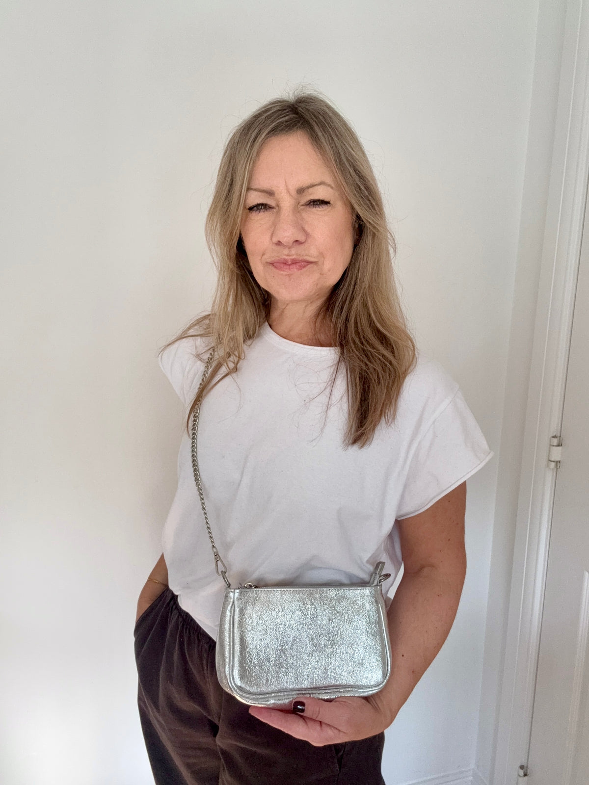 Silver Leather Clutch/ Crossbody Bag with Chain Strap