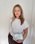 Silver Leather Clutch/ Crossbody Bag with Chain Strap