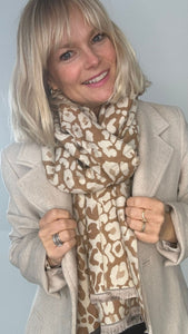 Camel & Cream Animal Print Blanket Scarf