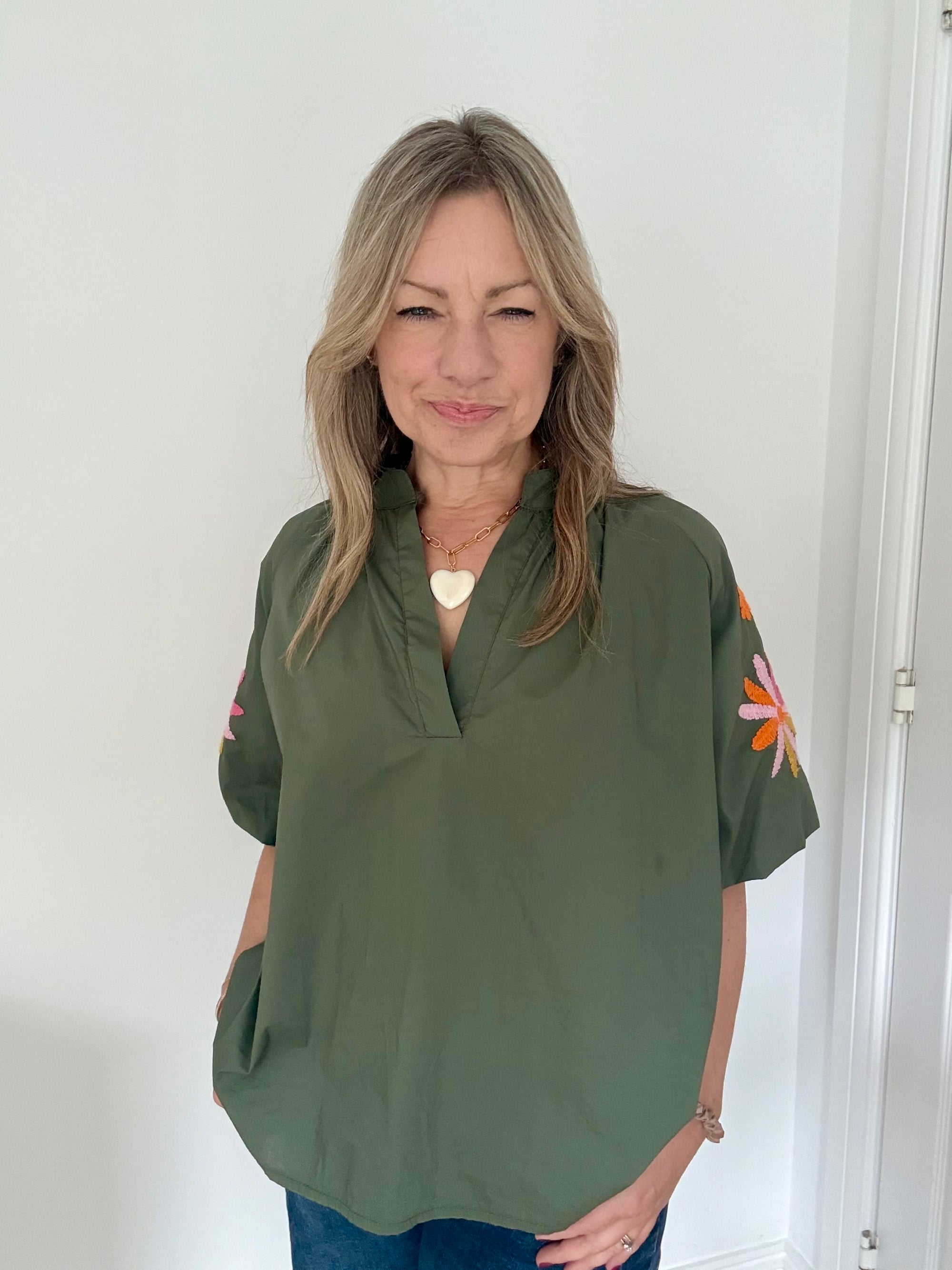 Khaki Embroidered Sleeve Cotton Blouse