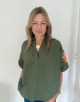 Khaki Embroidered Sleeve Cotton Blouse