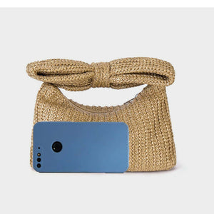 Straw Bow Detail Woven Clutch Bag
