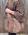 Dark Taupe Suede Large Shoulder/ Crossbody Bag