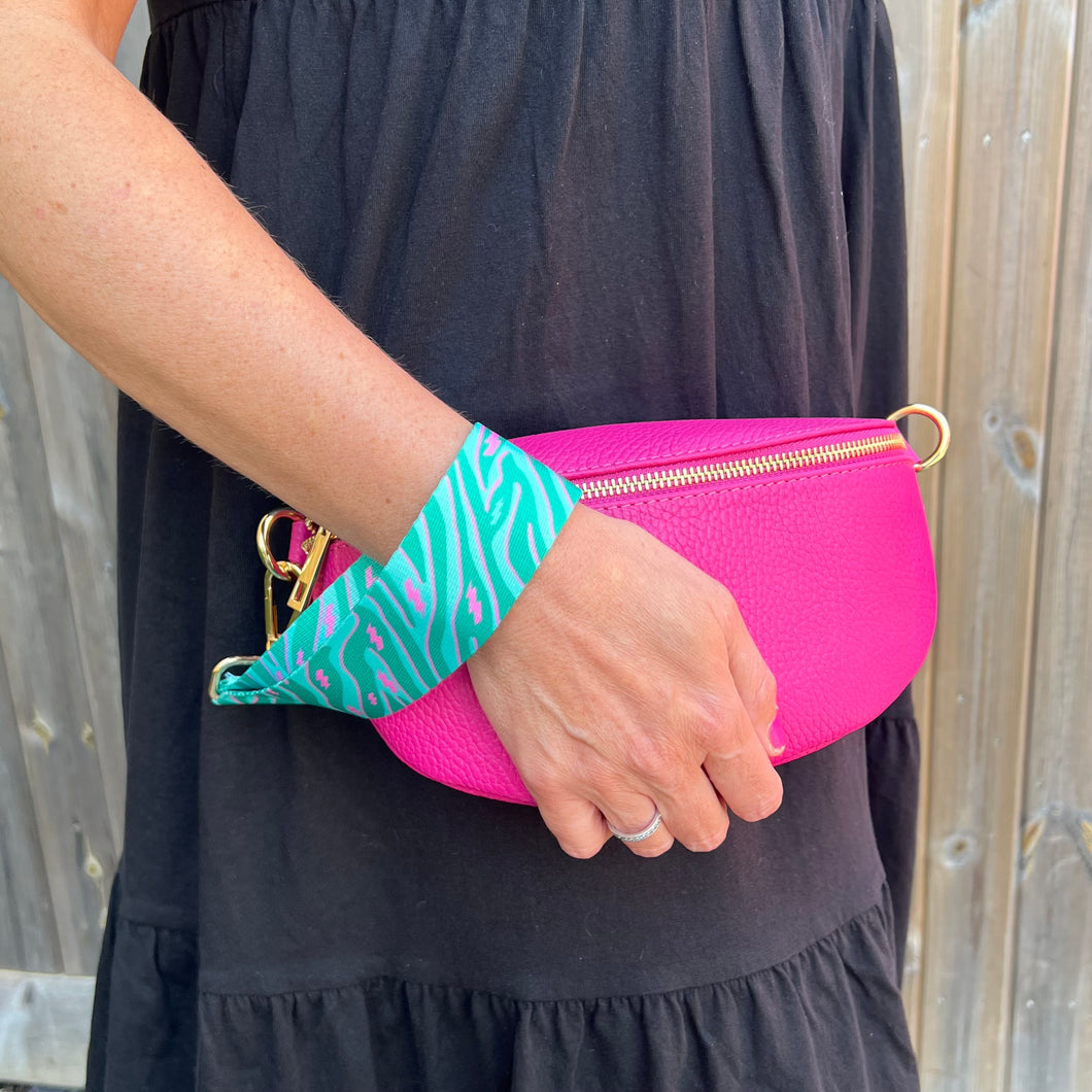 Green & Pink Zebra Print Wrist Strap - Gold Hardware