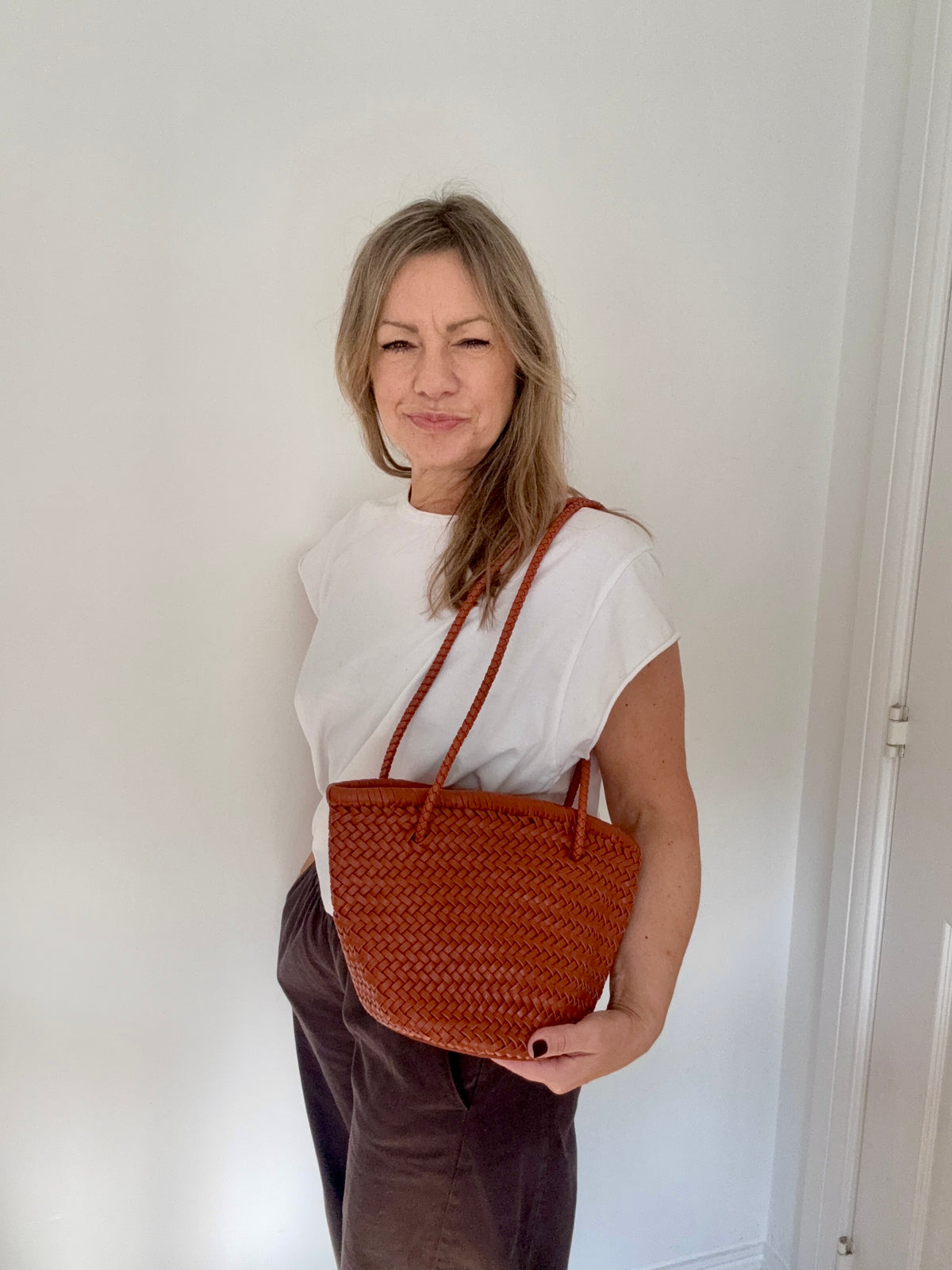 Dark Tan Leather Weave Shoulder Bag