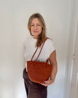 Dark Tan Leather Weave Shoulder Bag