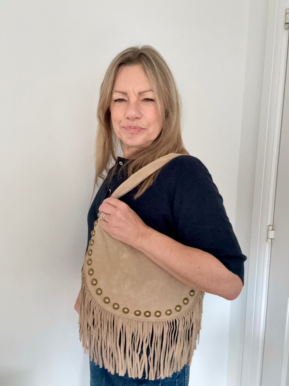 Stone Studded Suede Crescent Shoulder/ Crossbody Bag with Fringing